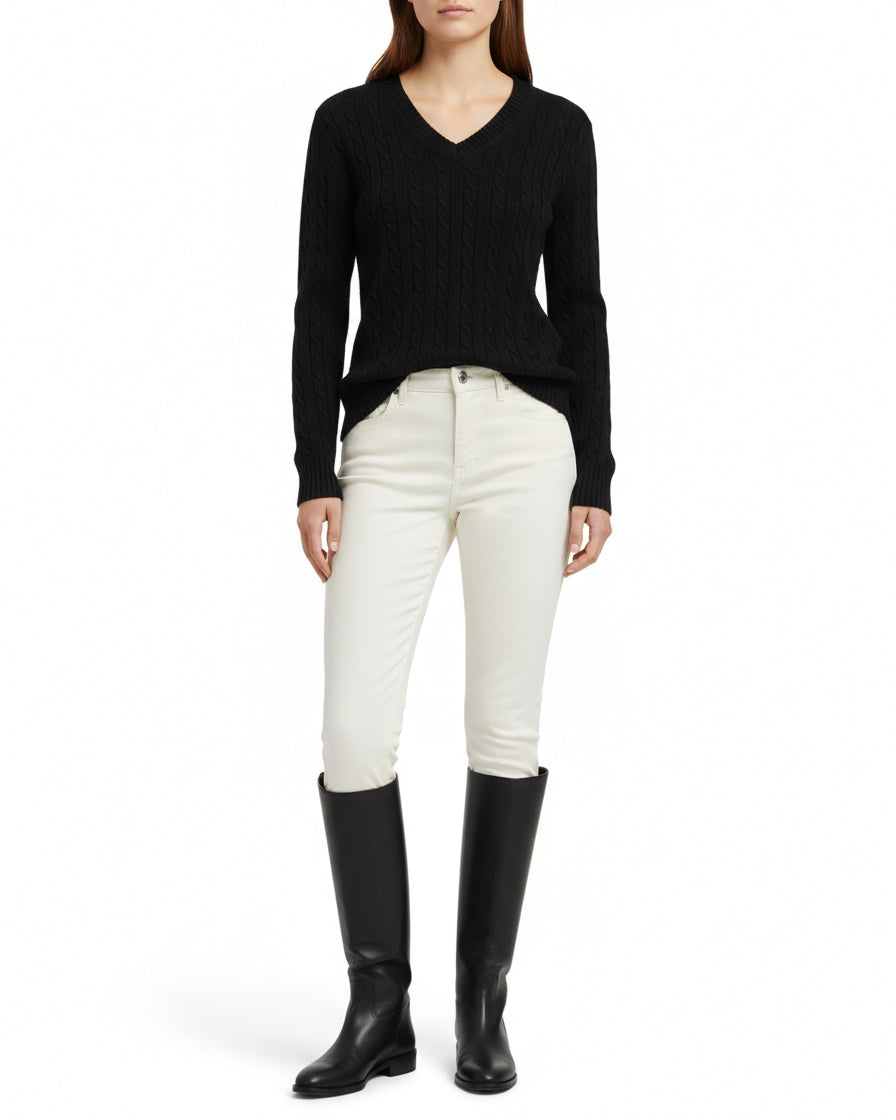 SB Couture Maglia donna pullover v-neck scollo a v - Lana, Seta, Cashmere - Cortina - Nero black - Made in Italy - Lavorazione a coste e trecce - knitwear - maglieria 