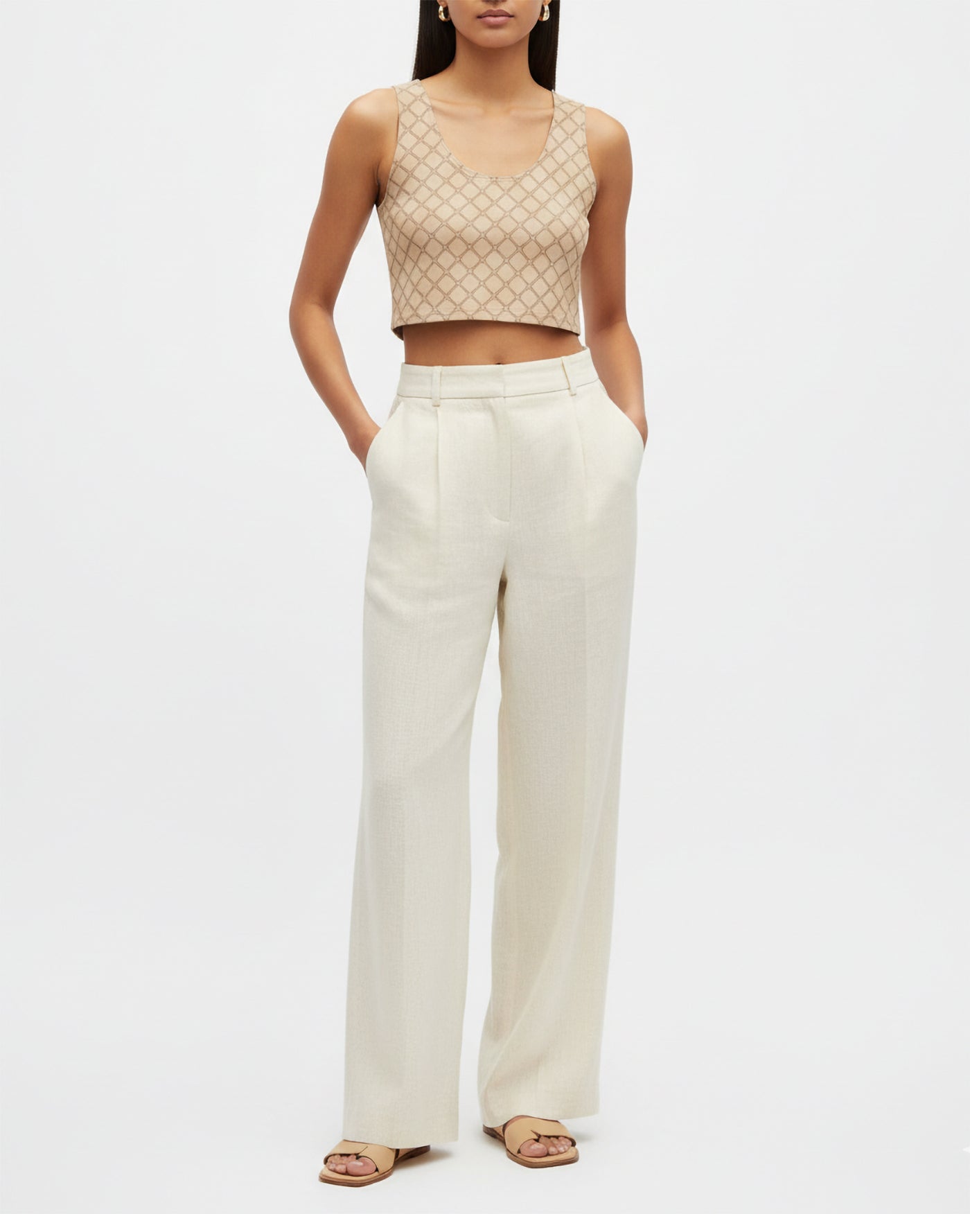 SB Couture MONOGRAM CROP TANK - Beige - Top Corto stampa all over pattern