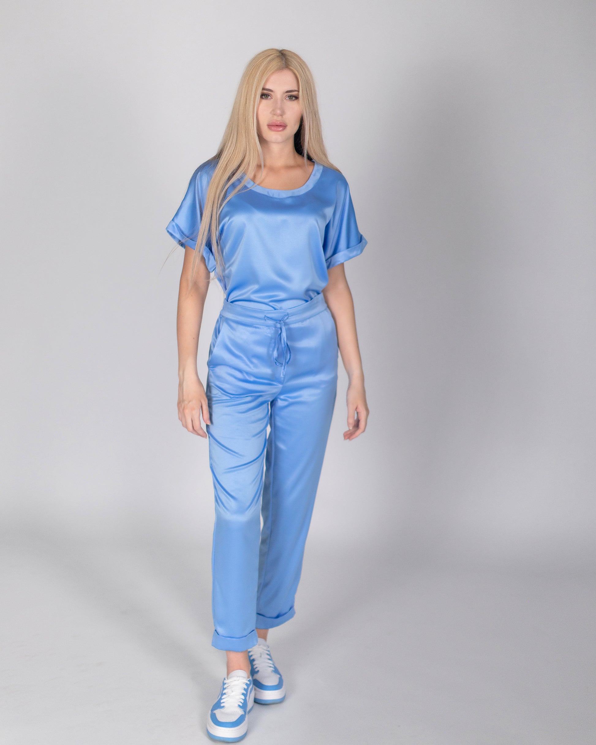 Pantalone azzurro di seta made in Italy SB Couture