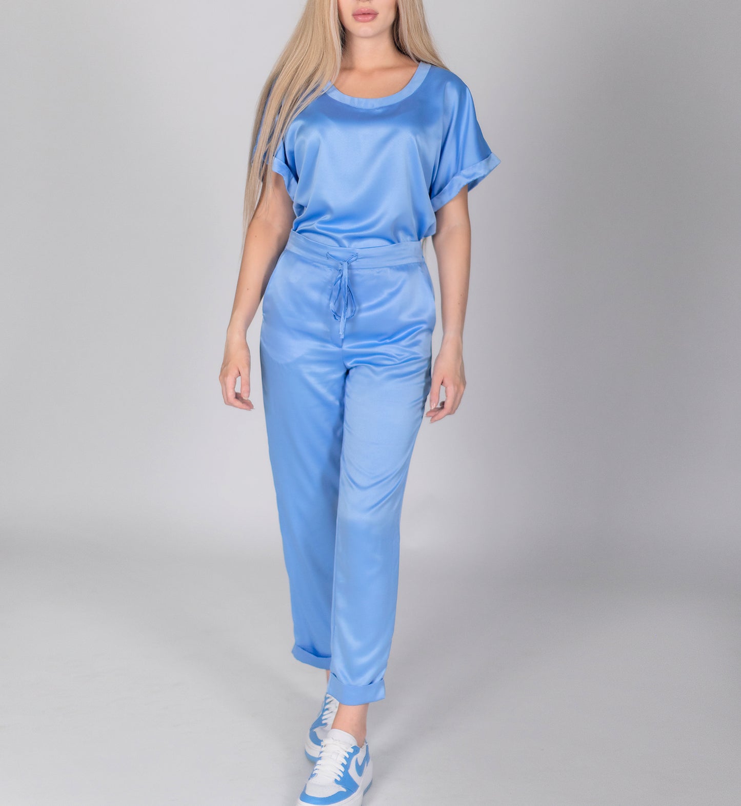 Pantalone azzurro di seta made in Italy SB Couture