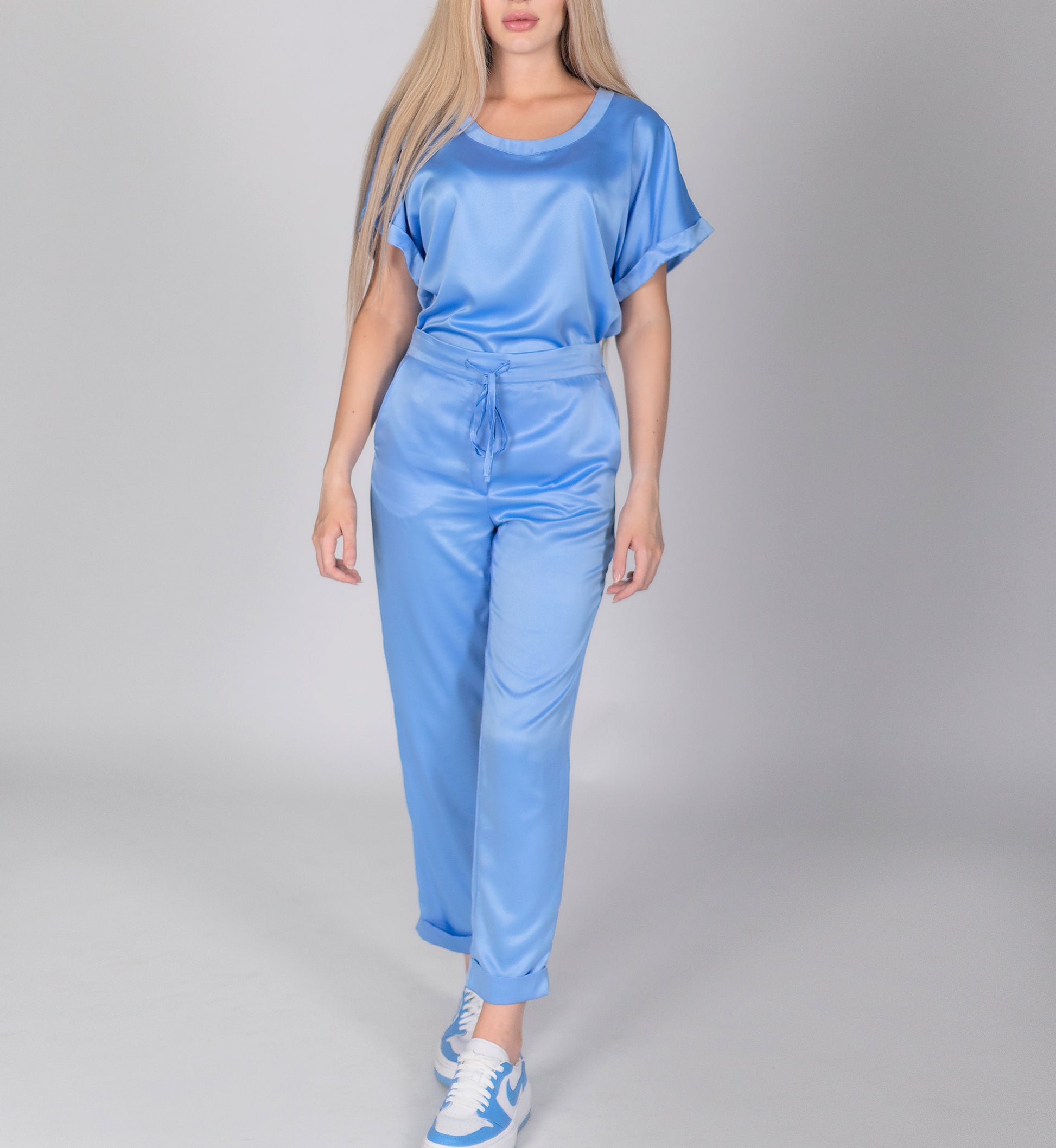 Pantalone azzurro di seta made in Italy SB Couture